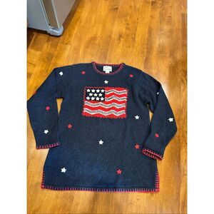 Vintage Quacker Factory USA Flag Sweater Womens Medium Patriotic Americana Made